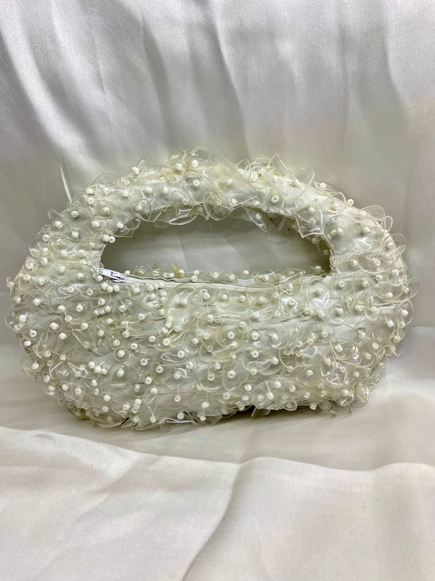 White Orchid handmade clutch – front view with white crystals