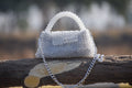 Silver beaded handbag with chain strap on a wooden branch