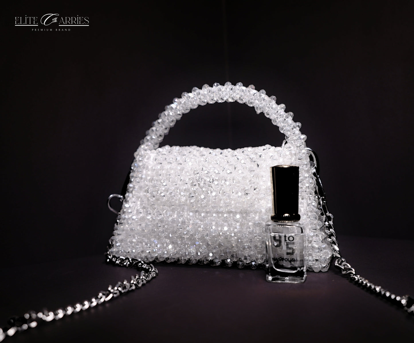 Handcrafted White Crystal Bag with Crossbody Chain for Formal Events