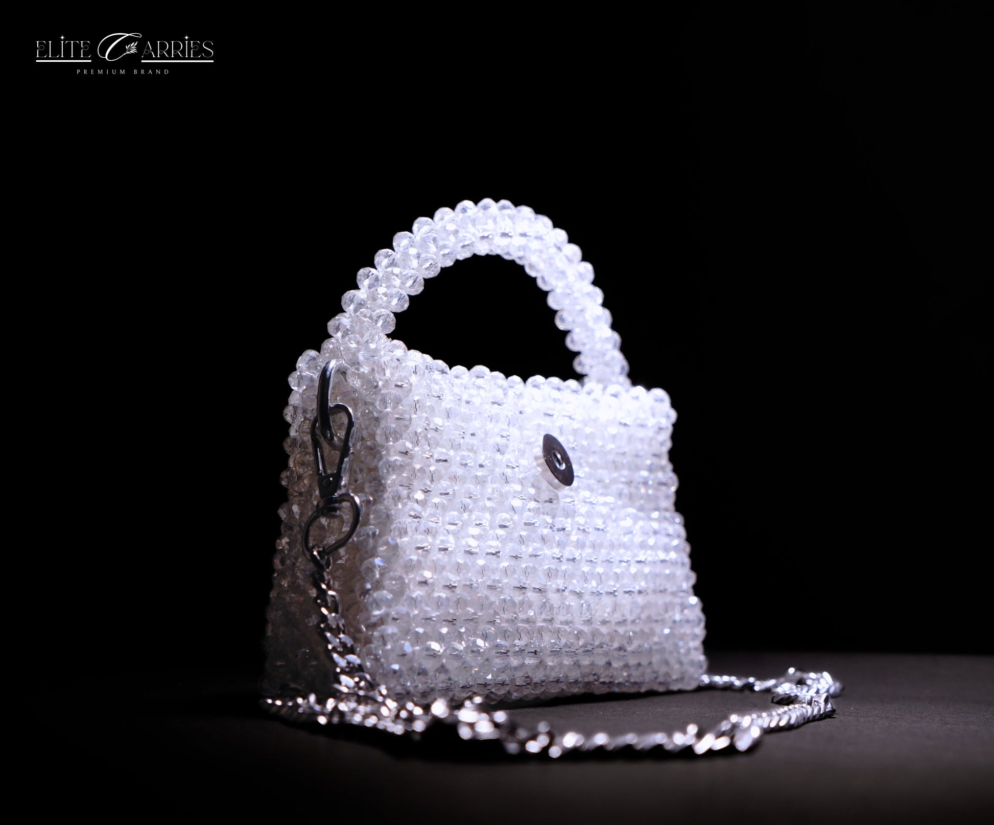 White Crystal Handmade Bag with Crossbody Chain