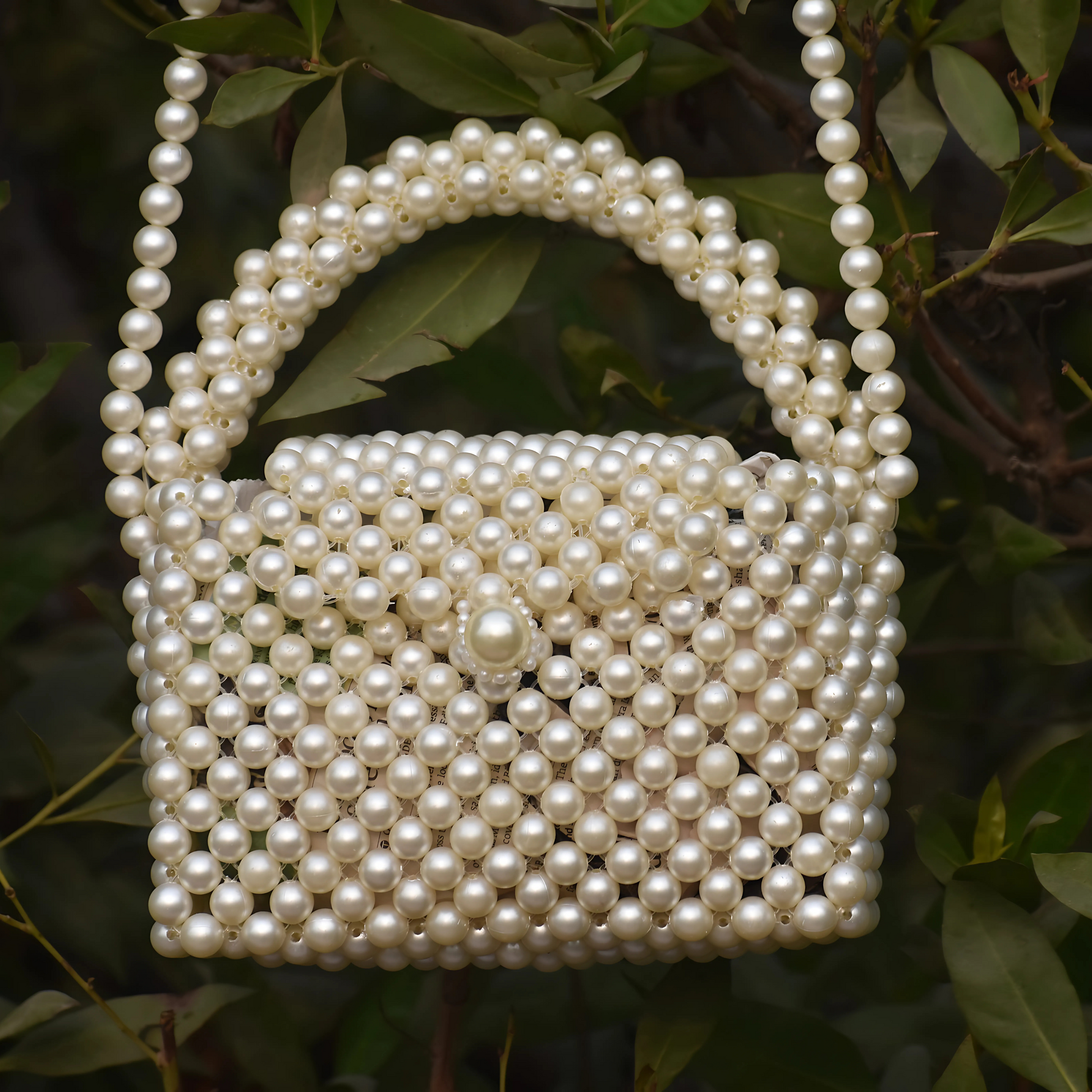 Luxury handcrafted white pearl bag for formal events.