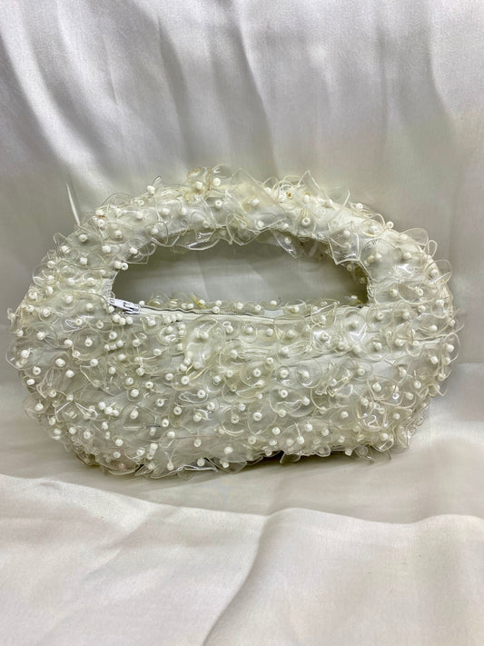 White Orchid handmade clutch – front view with white crystals