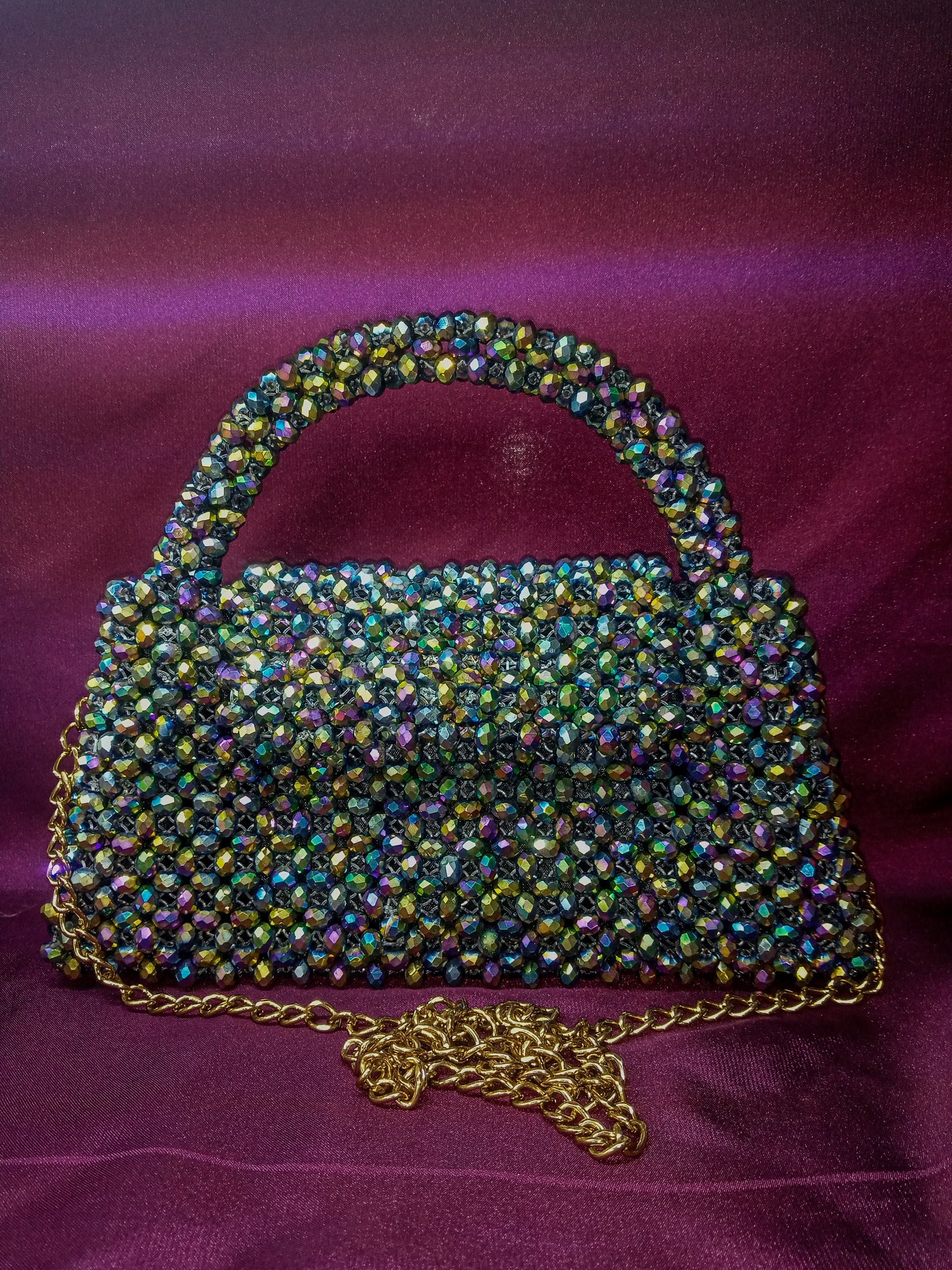 Elegant Rainbow Radiance Tote with shimmering crystals for a glamorous look.