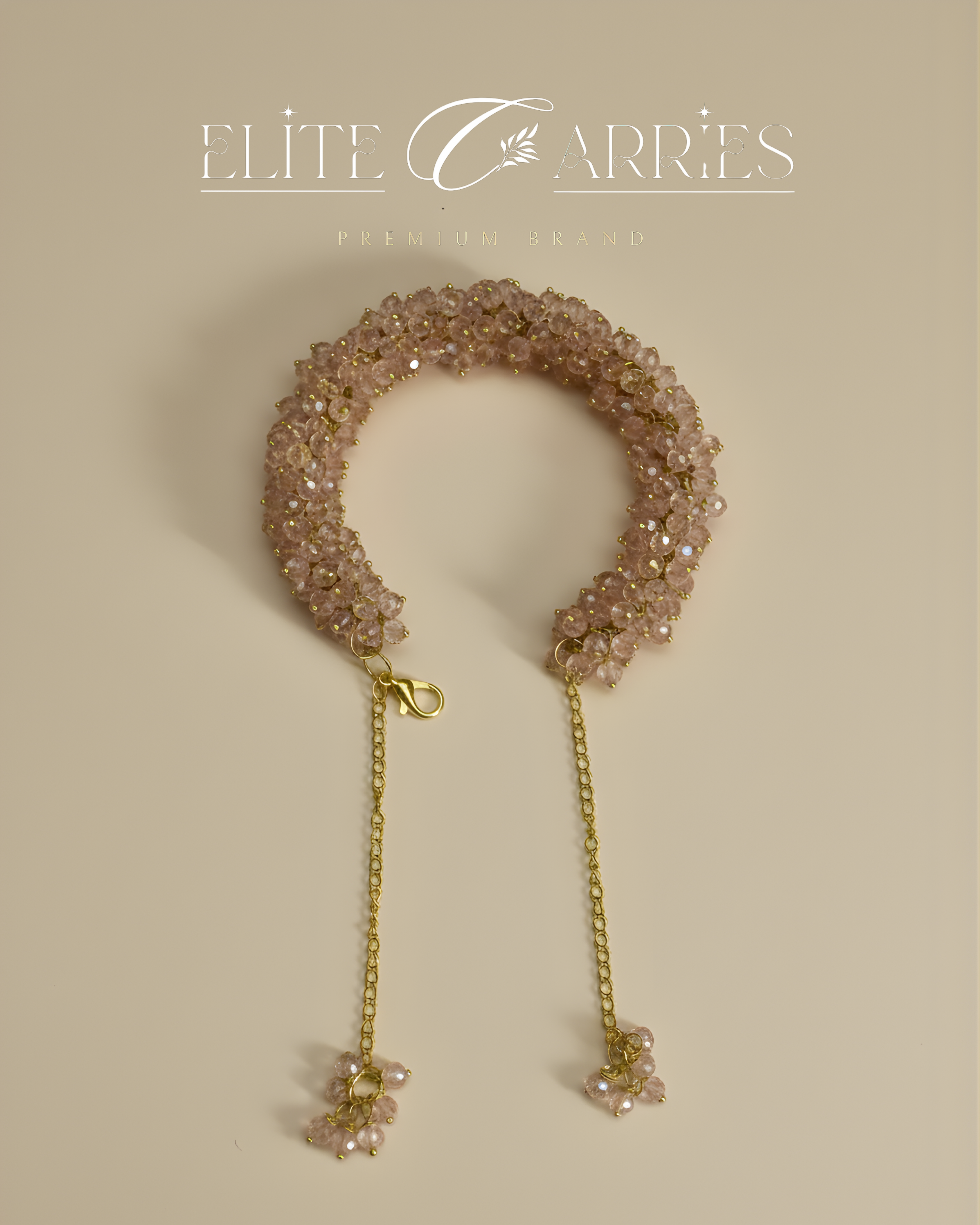 Decorative headband with beads and a chain on a beige background, branded 'Elite Carries'.