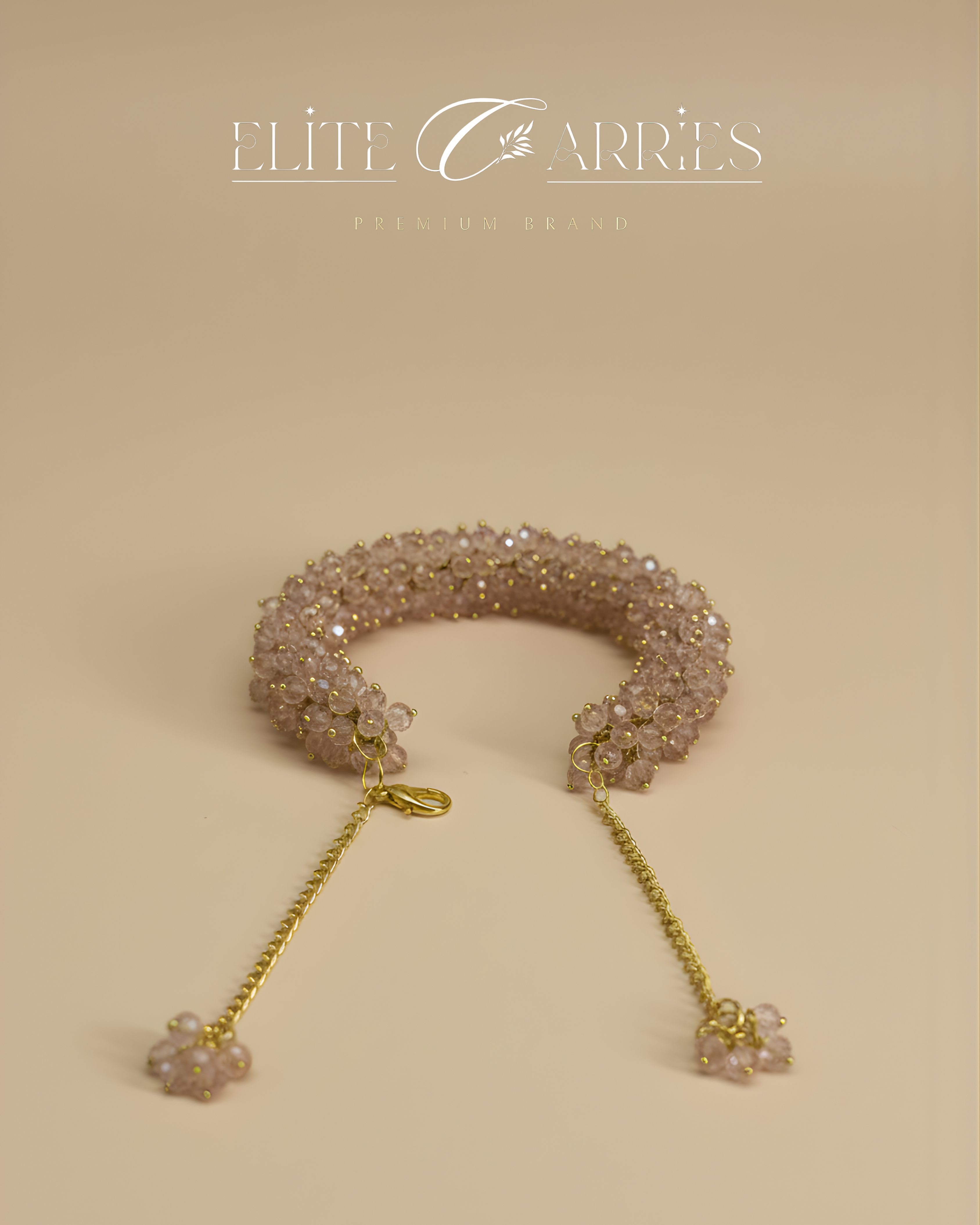 Delicate bracelet with beaded design and gold chain on a beige background, featuring the brand 'Elite Carries'.