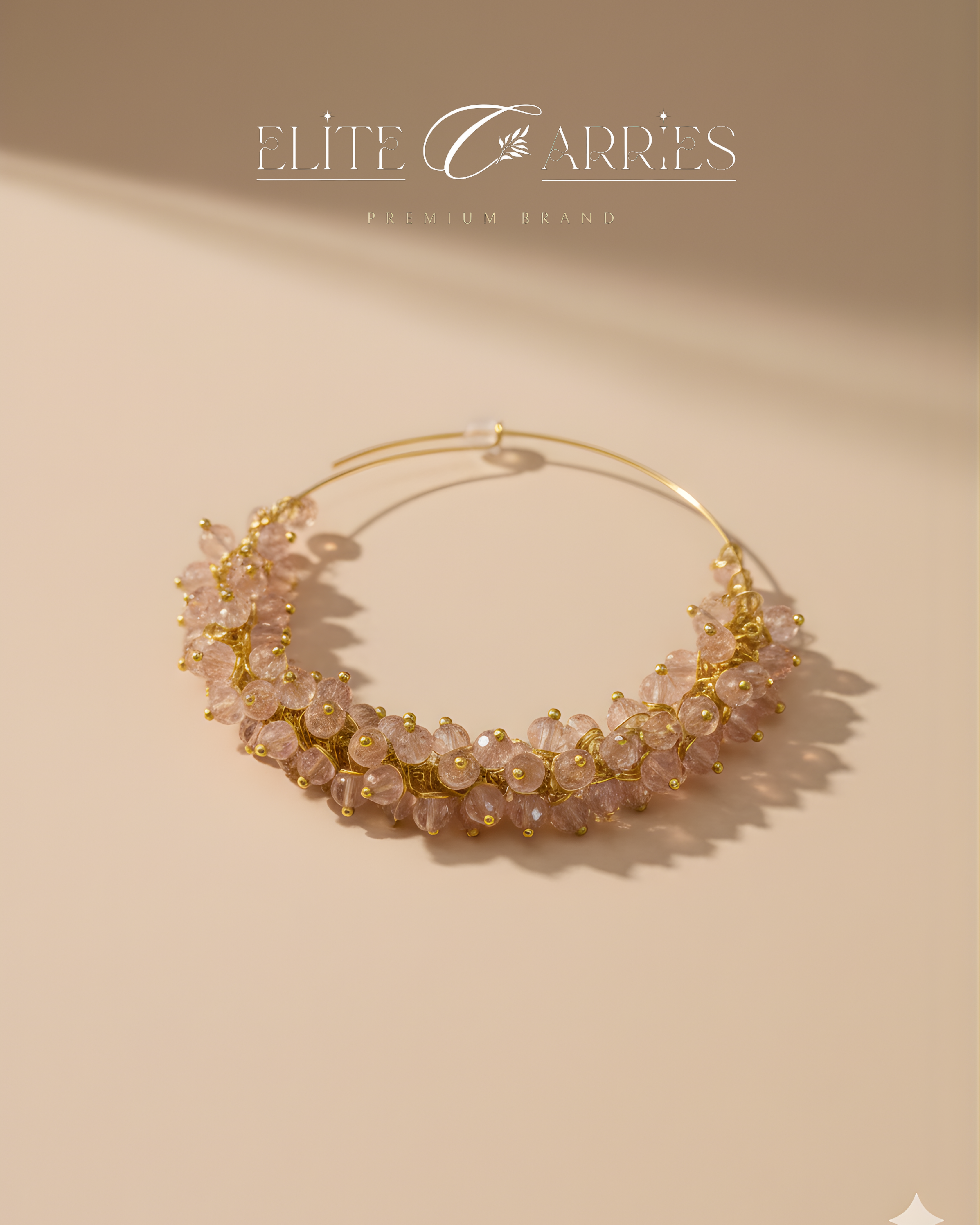 Gold and pink beaded necklace on a beige background with 'Elite Carries' branding.