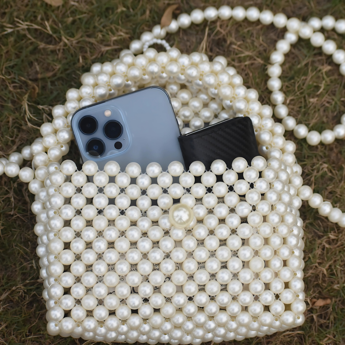 Elegant white pearl handmade bag with crossbody chain