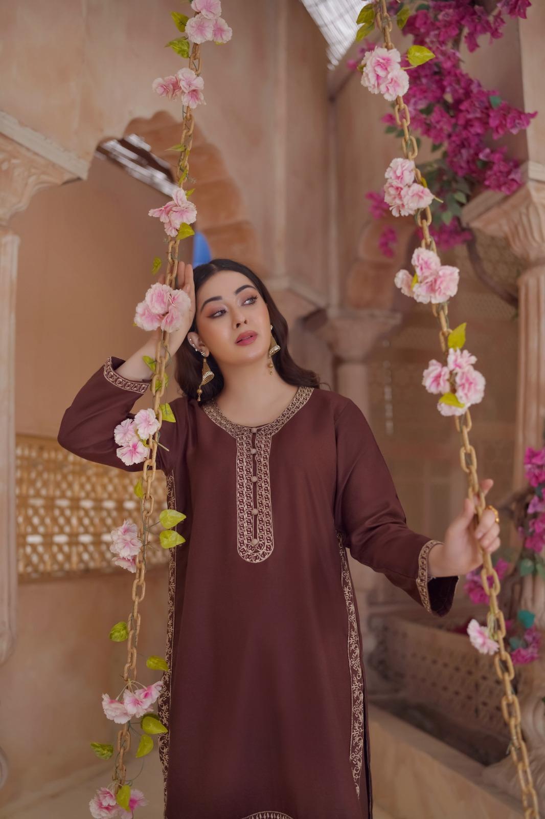 2 Pc Stylish Dhanak Embroidered Women's Stitched Shirt and Trouser Set