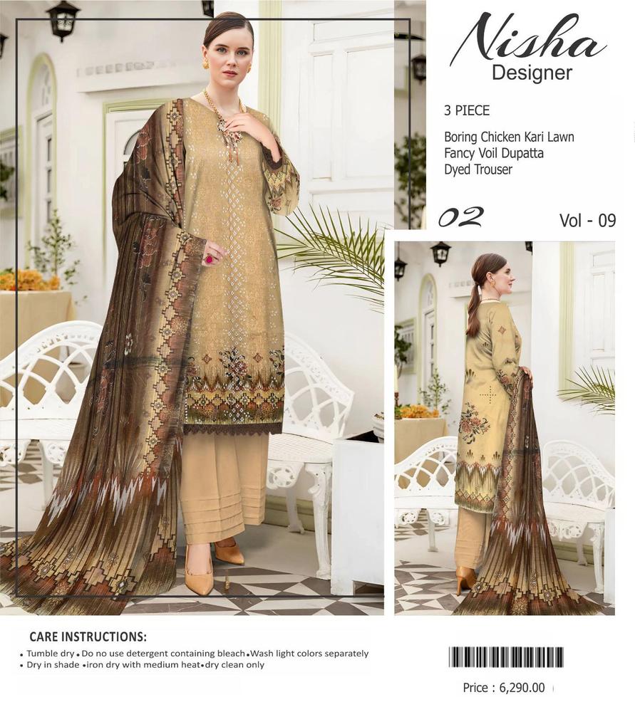 3 Pcs Women's Unstitched Lawn Chikankari Embroidered Suit By Nisha Designer