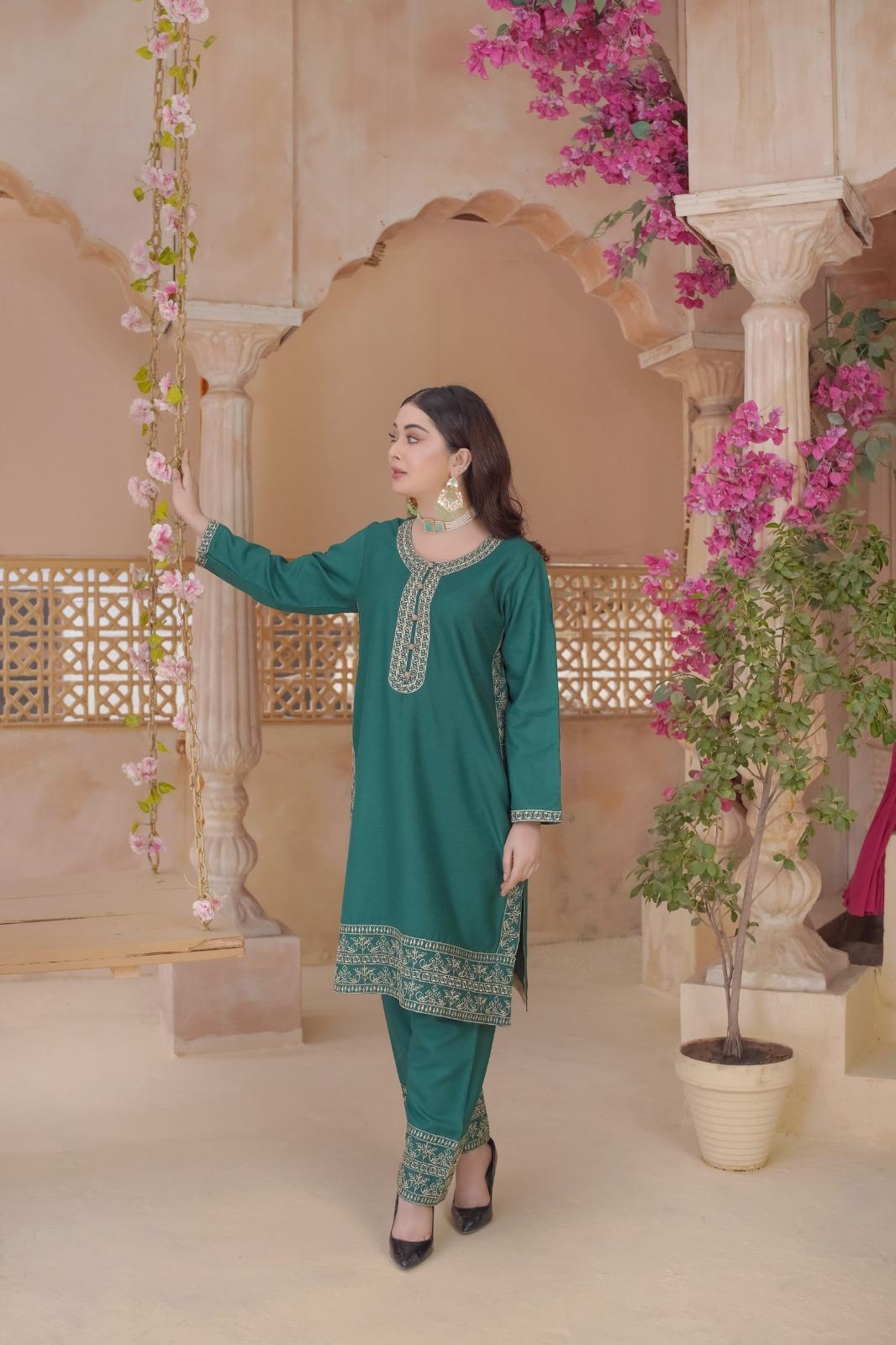 2 Pc Stylish Dhanak Embroidered Women's Stitched Shirt and Trouser Set