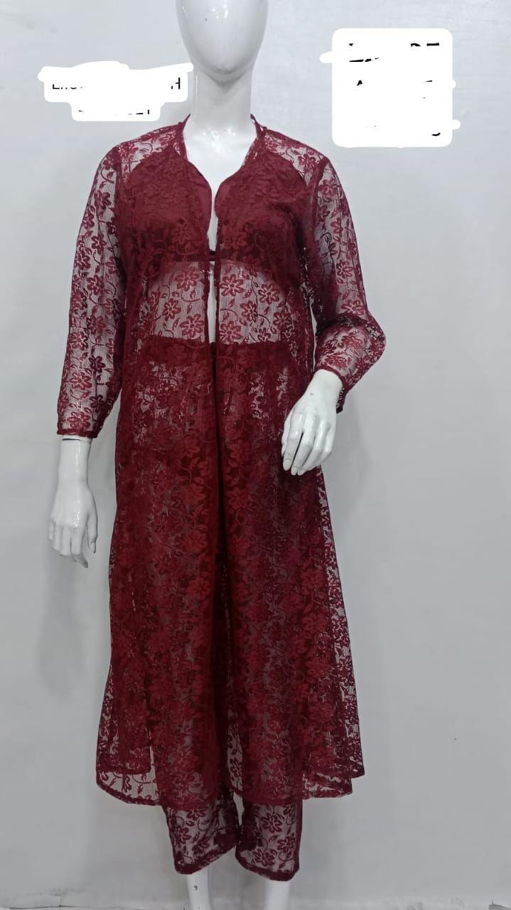 Charming Night Suit for Women - 2 Pcs Lace-Work Nightgown and Robe Set