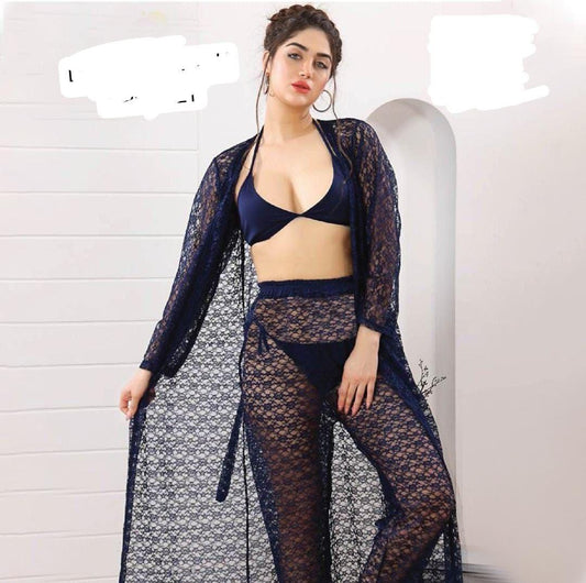 Charming Night Suit for Women - 2 Pcs Lace-Work Nightgown and Robe Set