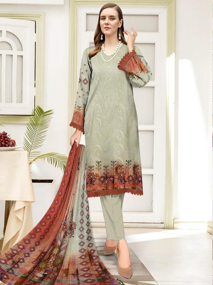 3 Pcs Women's Unstitched Lawn Chikankari Embroidered Suit By Nisha Designer