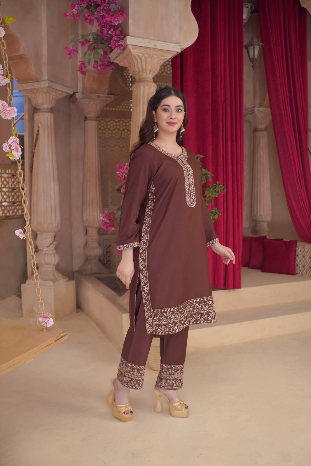 2 Pc Stylish Dhanak Embroidered Women's Stitched Shirt and Trouser Set