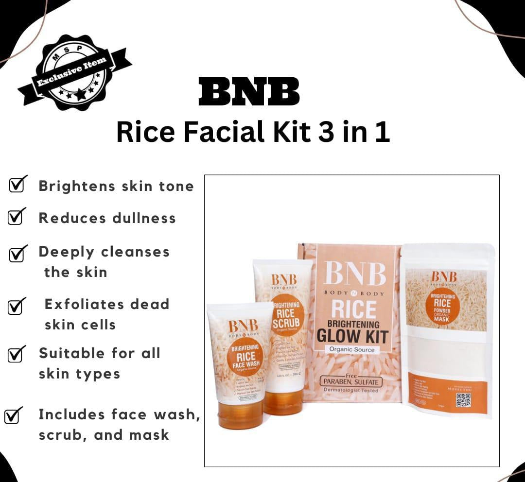 Brightening Rice Facial Kit - 3 Pcs Exfoliator, Face Wash & Mask Set