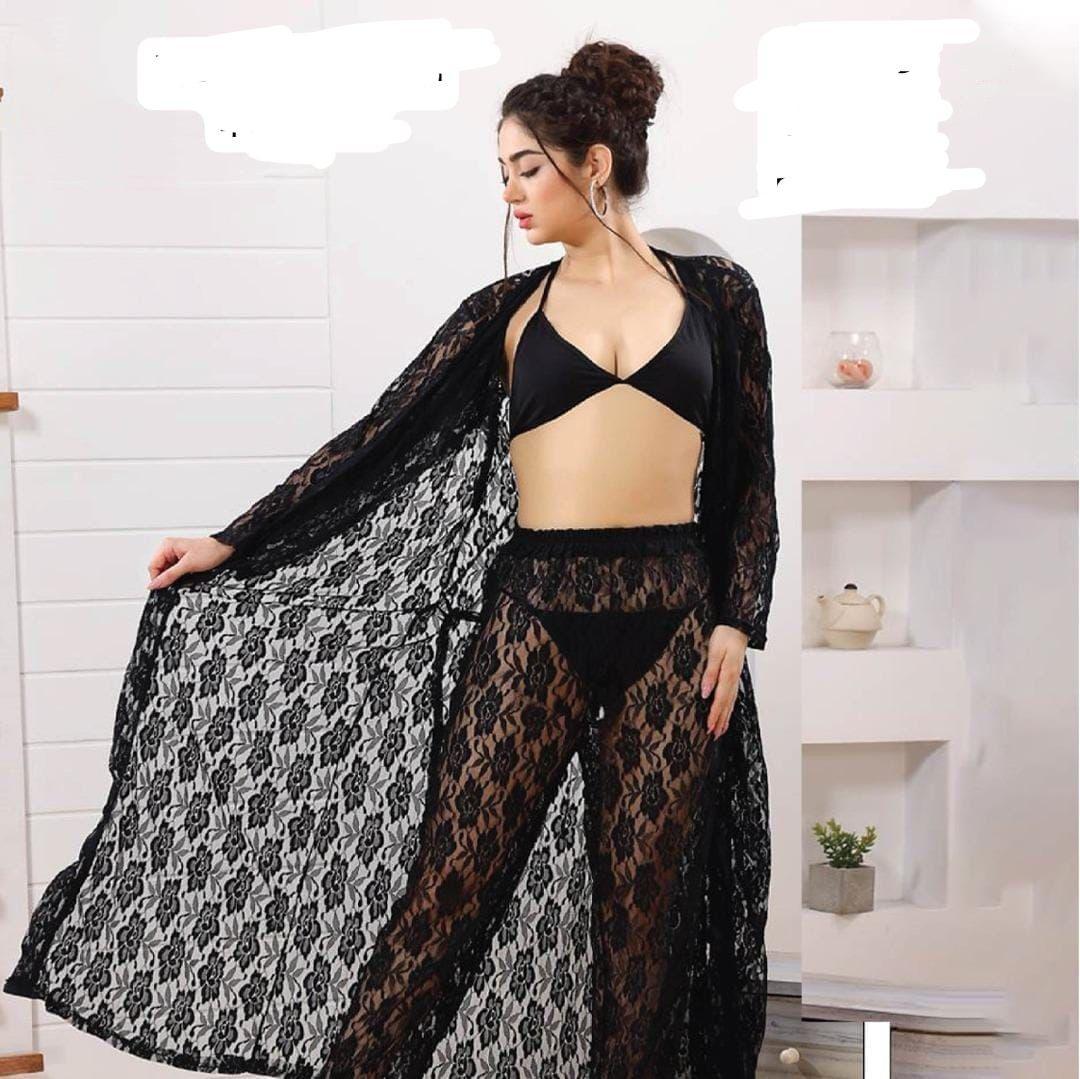 Charming Night Suit for Women - 2 Pcs Lace-Work Nightgown and Robe Set