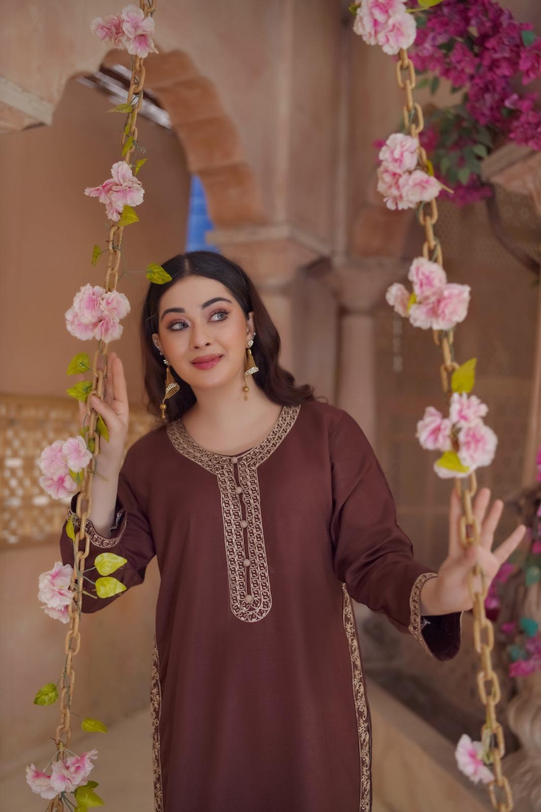 2 Pc Stylish Dhanak Embroidered Women's Stitched Shirt and Trouser Set