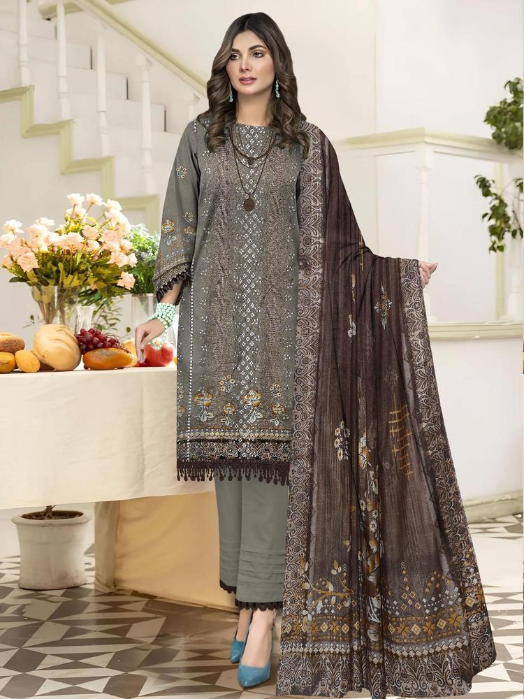 3 Pcs Women's Unstitched Lawn Chikankari Embroidered Suit By Nisha Designer